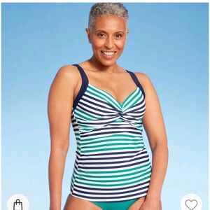 Lands' End Women's UPF 50 Striped Twist-Front UnderwireTankini Top - Blue/Green